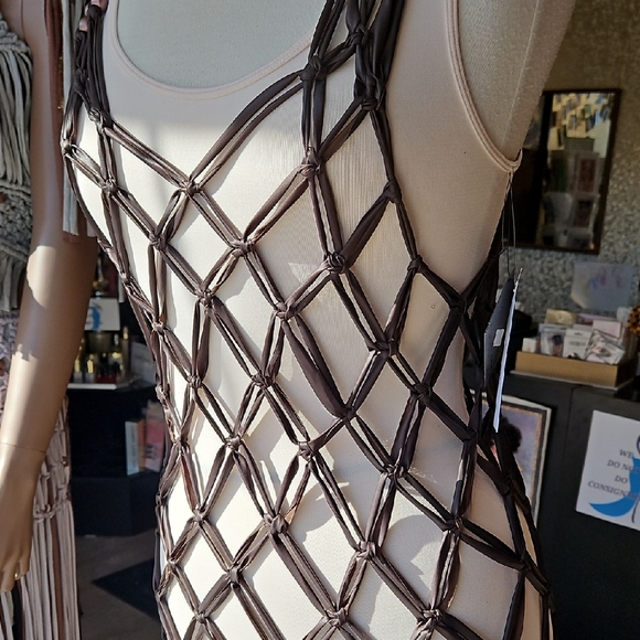 Chic Brown Net Overlay Dress Macrame. Handmade. Does Not Come With Under Dress - Picture 3 of 7